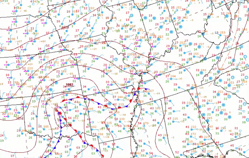 This surface analysis time-series shows the west-to-east progression of the surface low pressure system, along with the position of a nearly stationary warm front near and south of the Missouri/Arkansas border for much of the event.